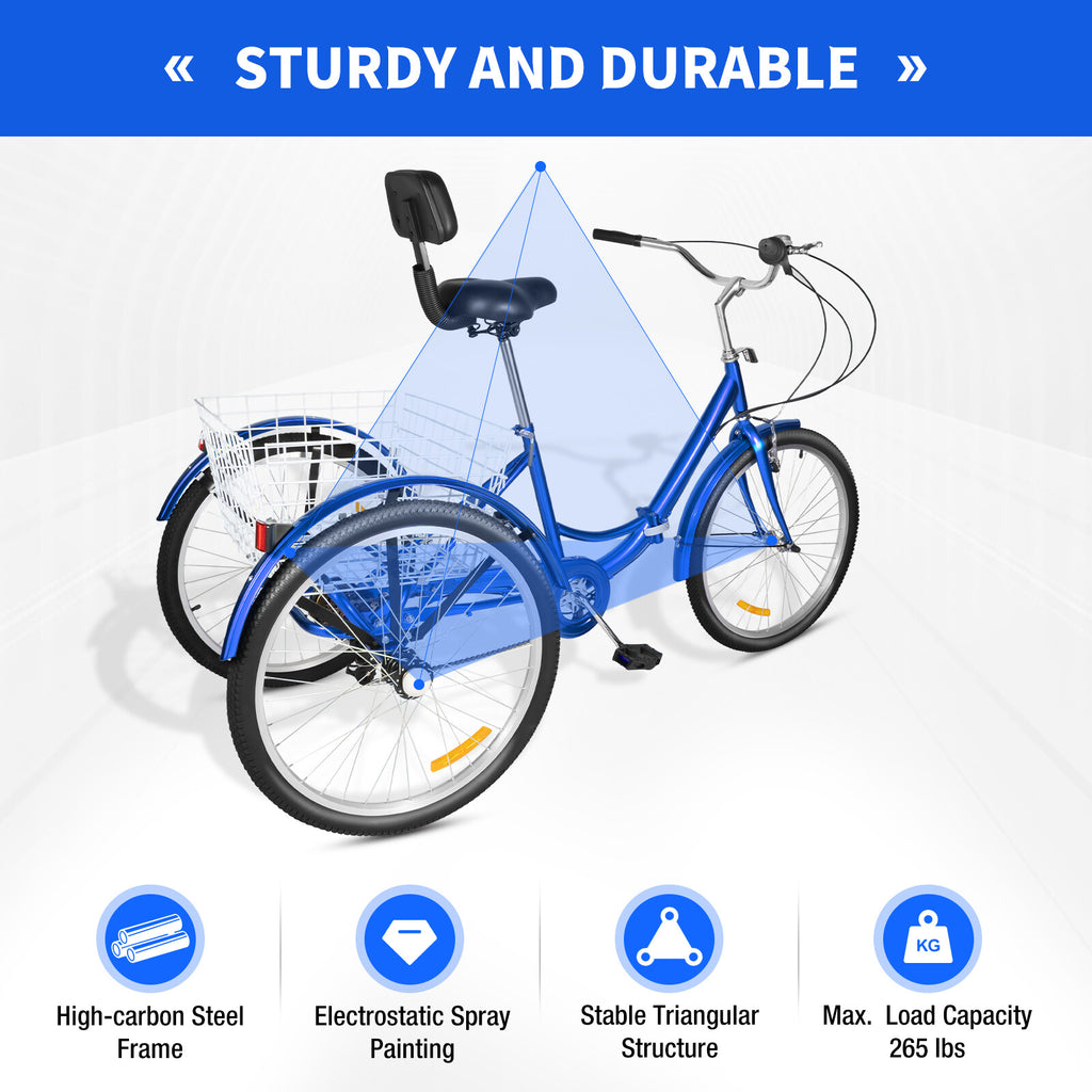 24 Inch Adult Trike Tricycle Foldable 3 Wheel Bike 7-Speed With Storage Basket