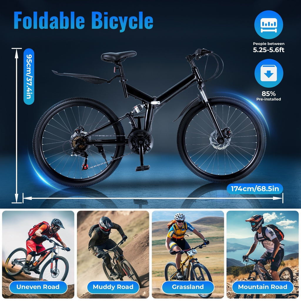 21-Speed Folding Mountain Bike Foldable Bicycle 26" Portable Adult Mountain Bike