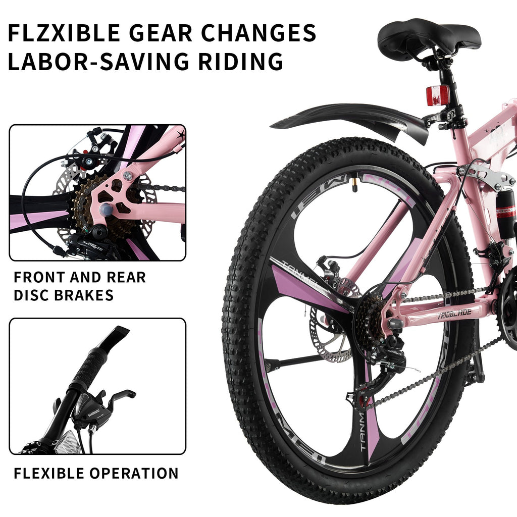 24 26 inch Foldable Mountain Bike 21 Speed Transmission System Adult Bike Pink