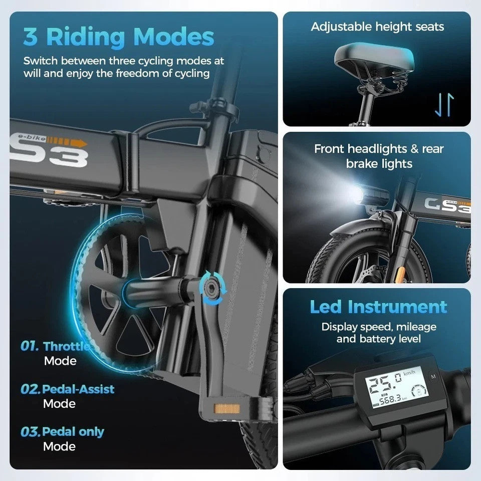 GS3 14" Folding E -  Bike 250-W 48-V 15/Ah Suspension E- Bike LED Display UK