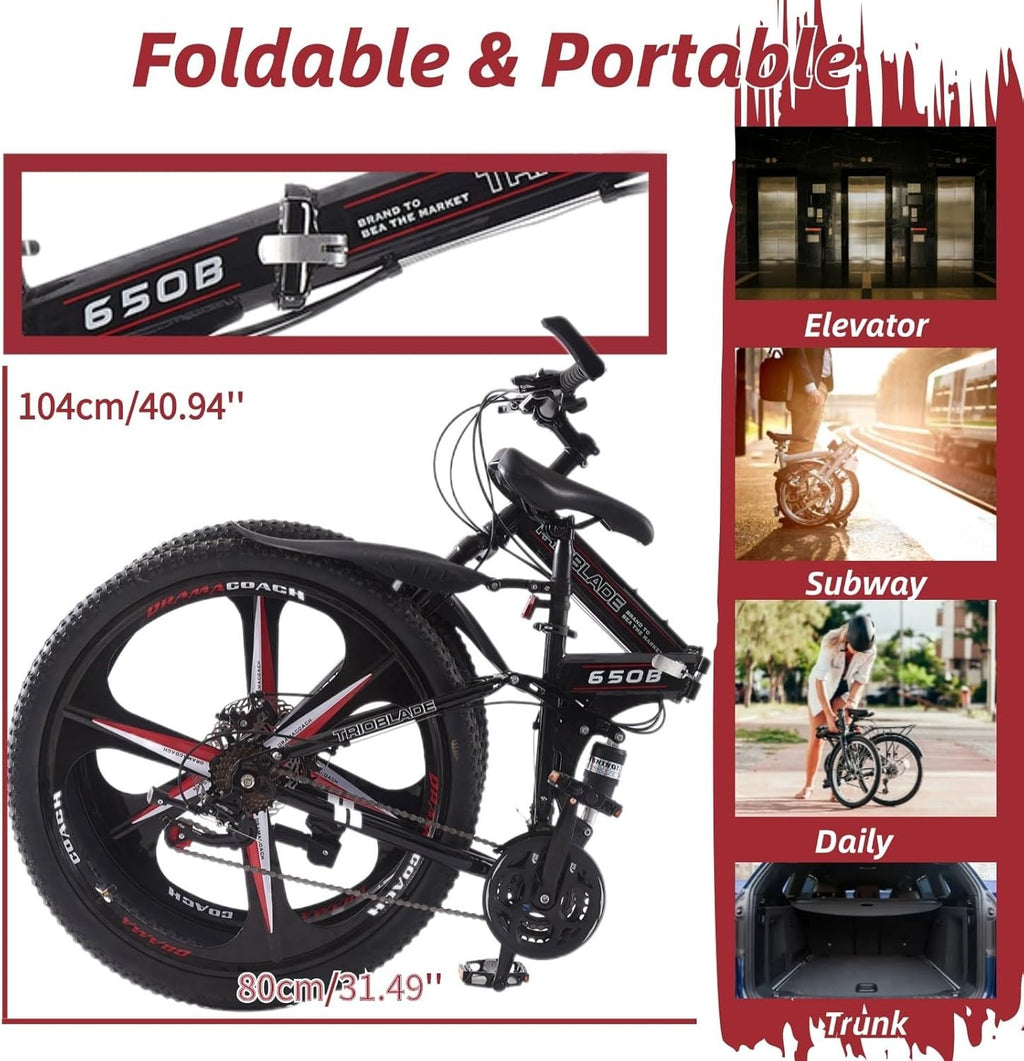 27.5" BlackRed Foldable Mountain Bike 21-Speed Dual Suspension Lightweight MTB