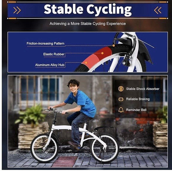 White Folding Bike Foldable City Bike for Adult 20" Commute Bicycle 6 Speed Gear