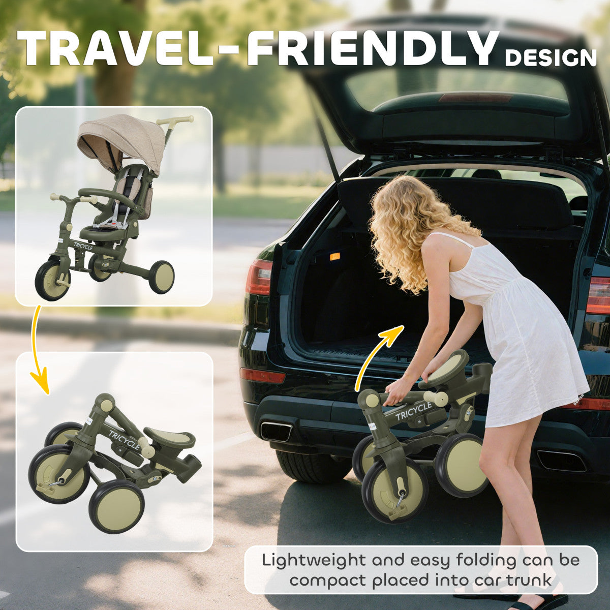 5 In 1 Foldable Kids' Trike, Toddler Tricycle For 1-3 Years, Dark Green