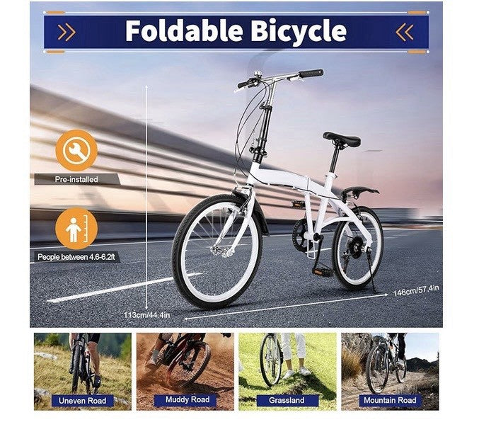 White Folding Bike Foldable City Bike for Adult 20" Commute Bicycle 6 Speed Gear