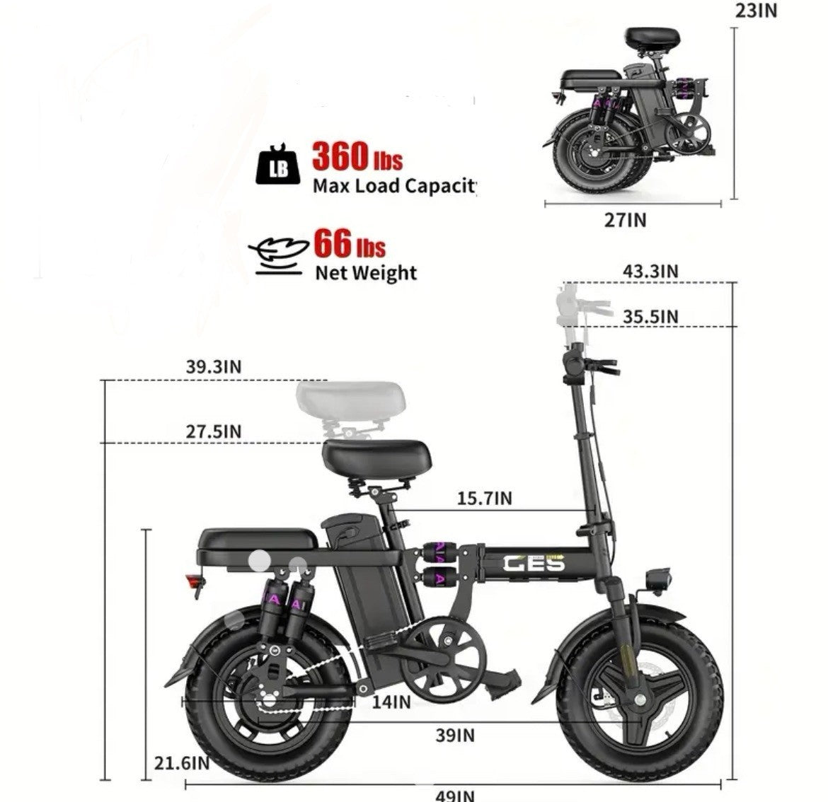 All-terrain Folding Bicycle, 15MPH, 250w(Higher Peak Value After Boost)