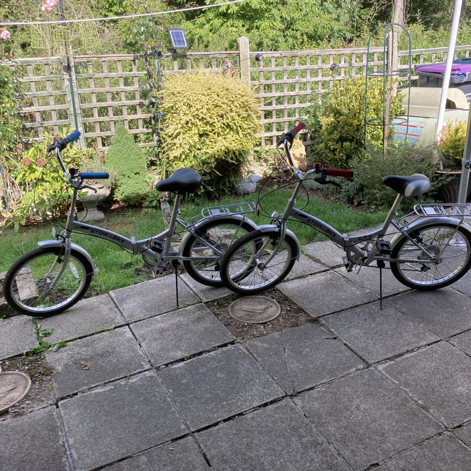 TWO Stowabikes 20in Folding Bikes Silver Rear Rack Mudguards Grip Shifter