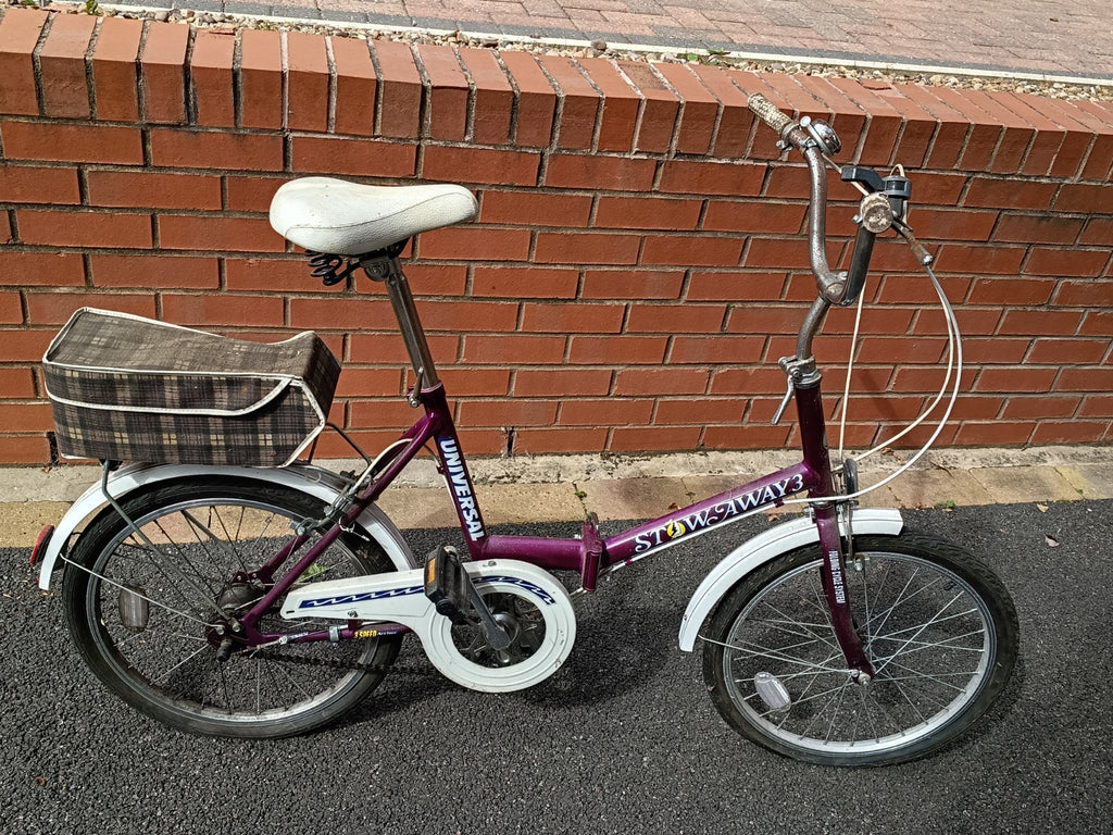 Universal Stowaway 3 Folding Bike Purple & White 3 Speed  Gears Needs Some TLC