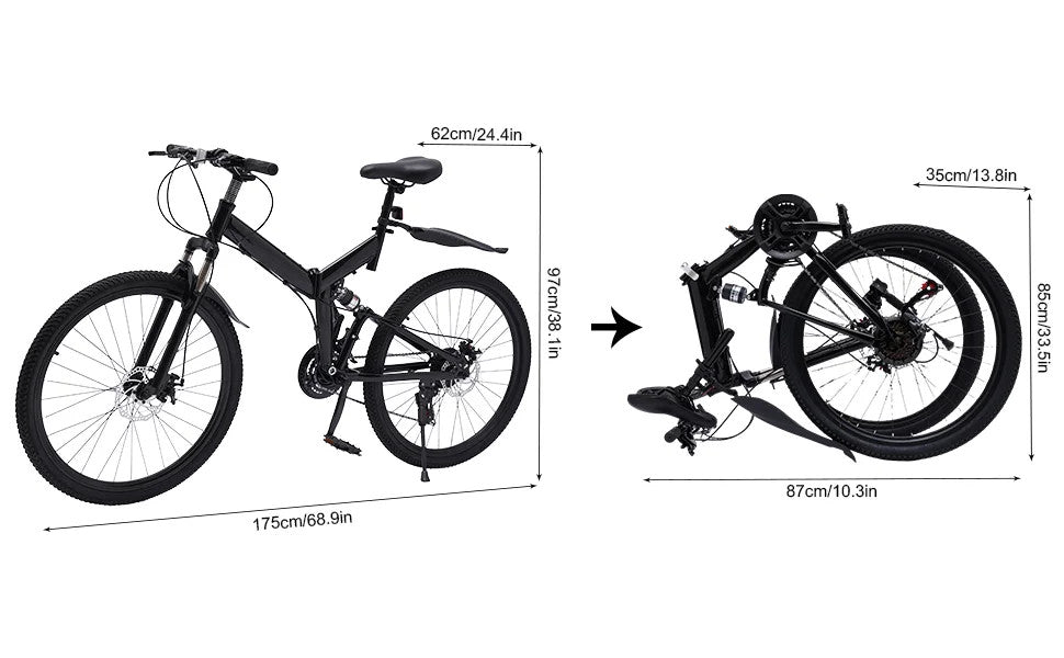 26 Inch Folding Mountain Bike 21 Speed Double Disc Brake Carbon Steel Frame Fold