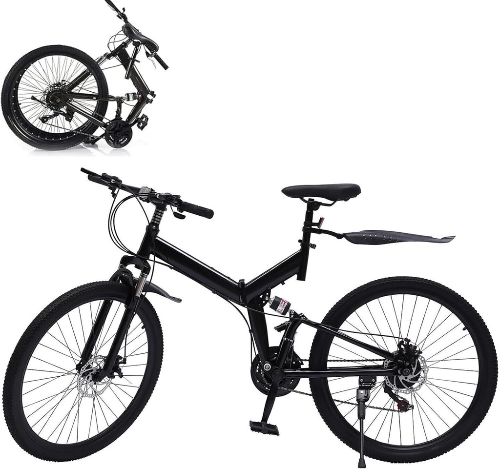 26" Folding Mountain Bike 21 Speed Disc Brakes Carbon Steel Frame Mudguard