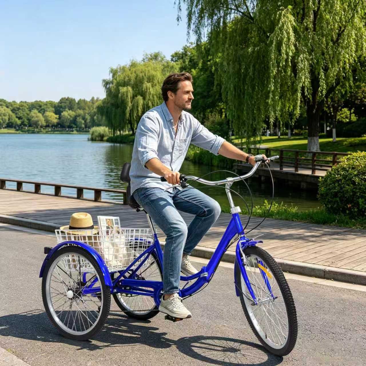 24in Blue Folding Adjustment Height Tricycle for 5.25-5.9ft Adults