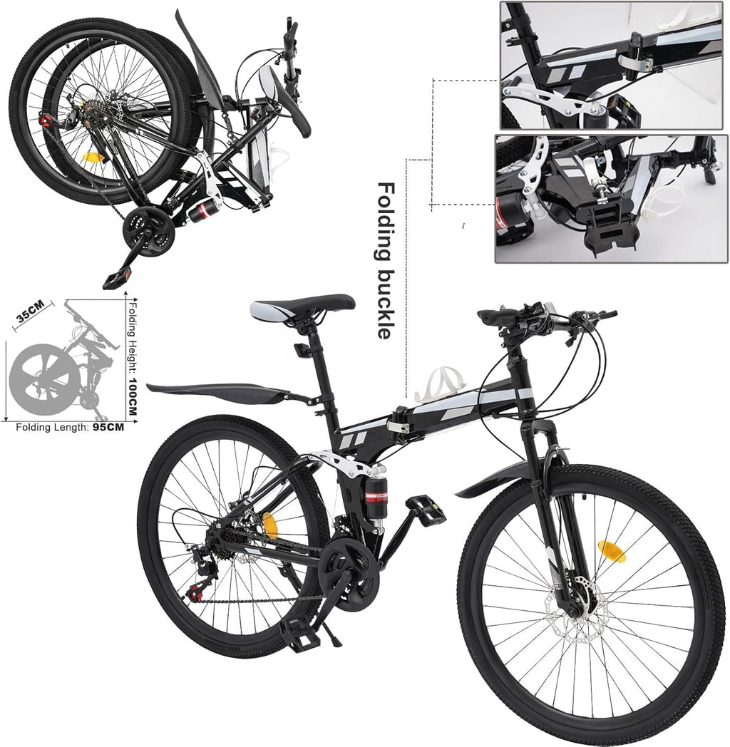 26" Folding Mountain Bike 21-Speed Disc Brake Carbon Steel Frame MTB