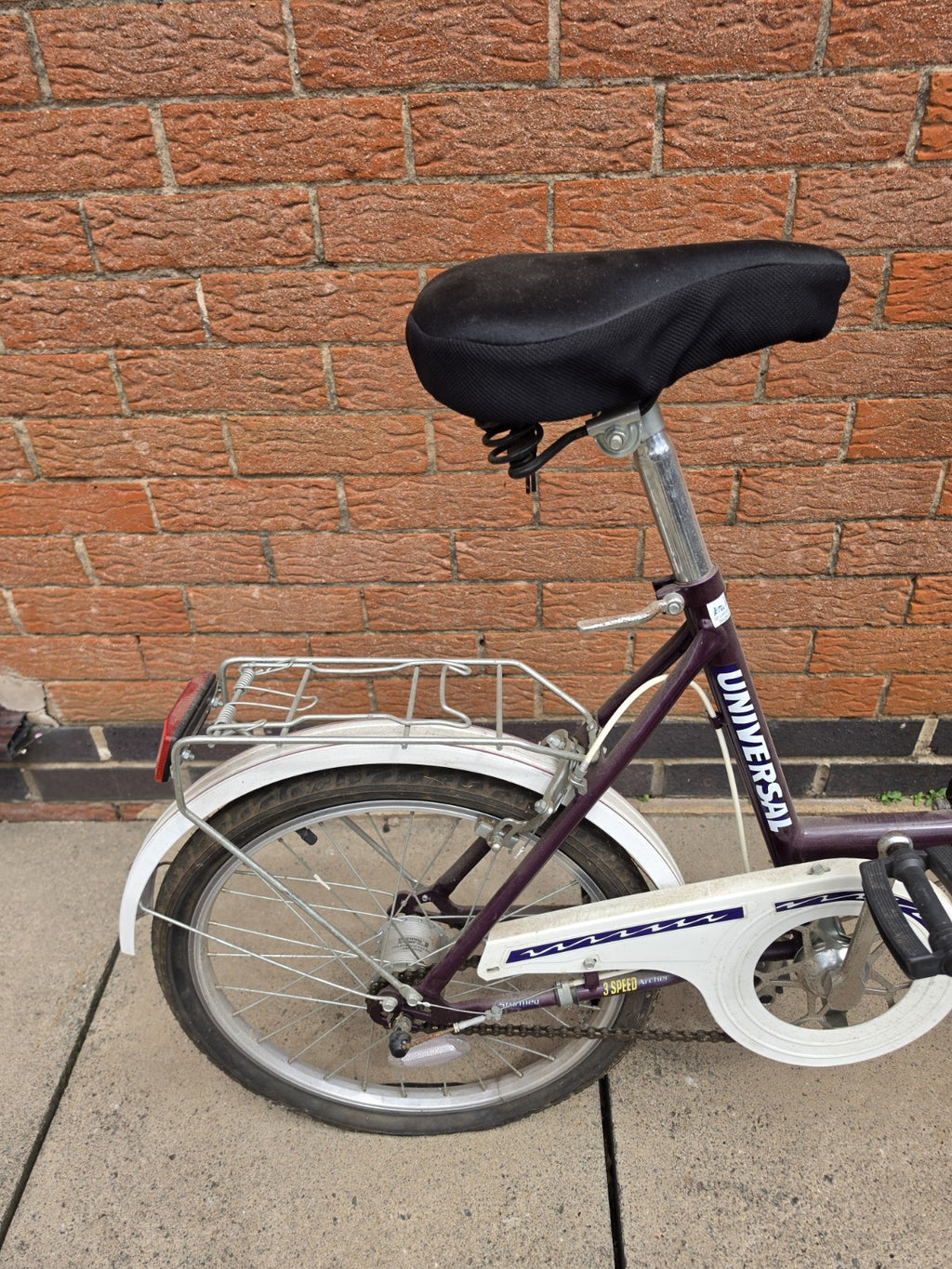Universal Stowaway 3 20in Folding Bike Purple/White 3 Speed Hub Gears Rack