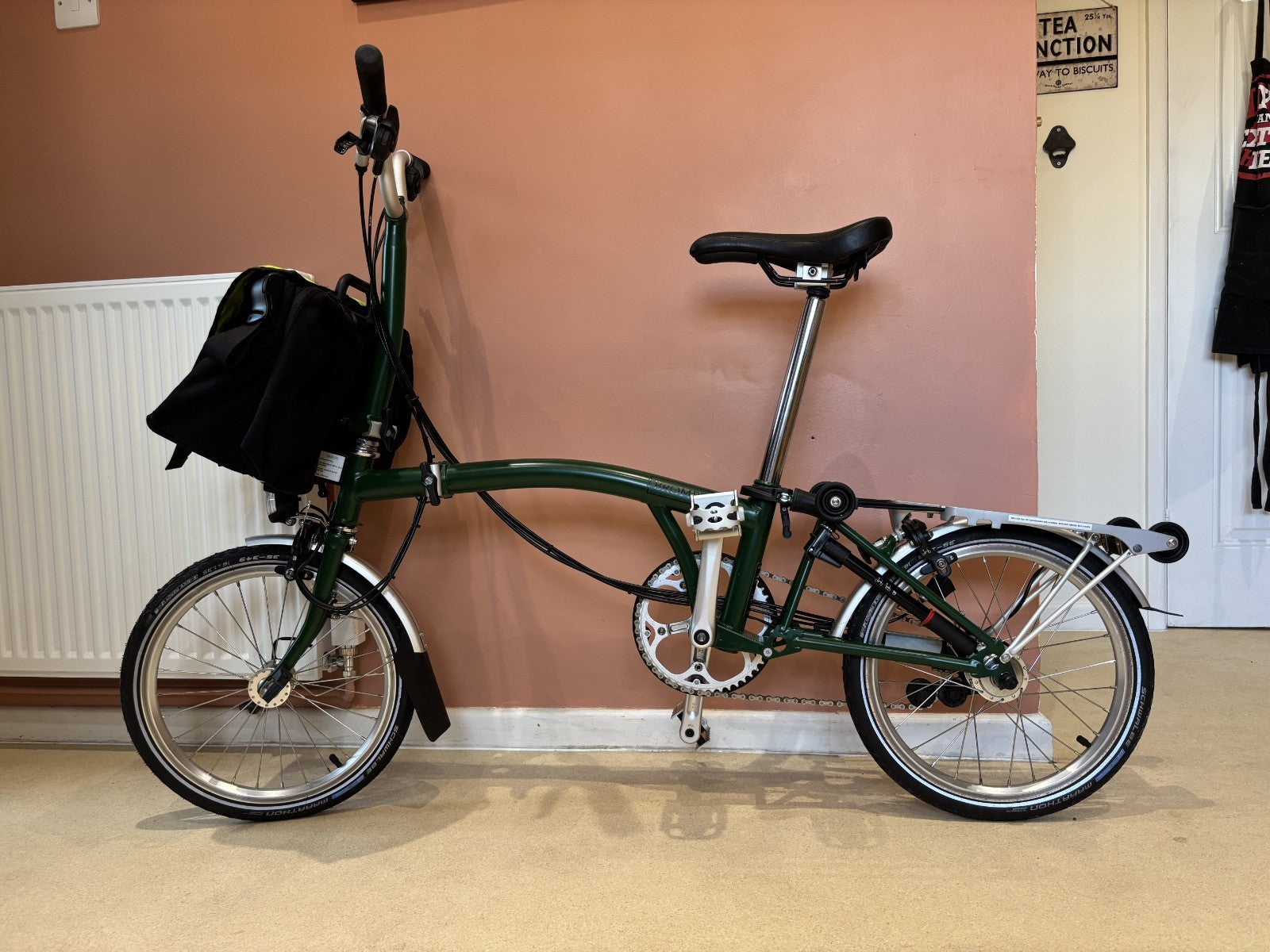 Brompton m6r folding bike, Green with Dynohub lighting, rack & mudguards