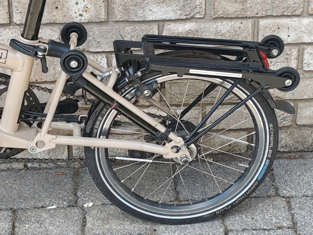 Brompton M6R 6 Speed Folding Bike – Dune Sand – Rear Rack – BikeRegister