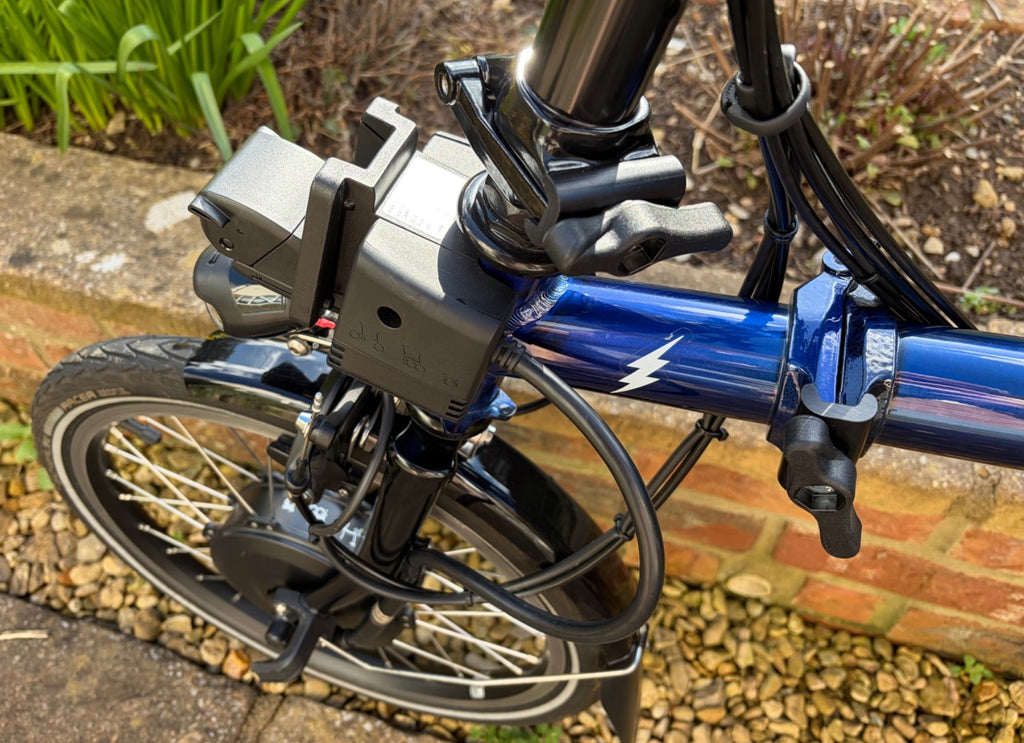 Brompton Elec Folding Bike 6 Speed - Blue Frame & Rear Rack