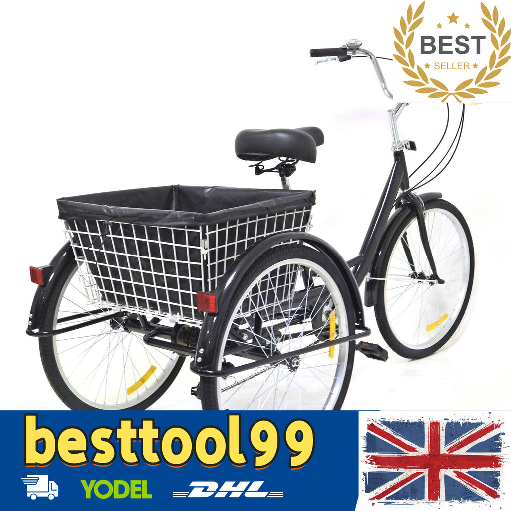 24 Inch Adult Tricycle Trike Bike 8-Speeds 3-Wheel Bicycle W/Folding Back Basket