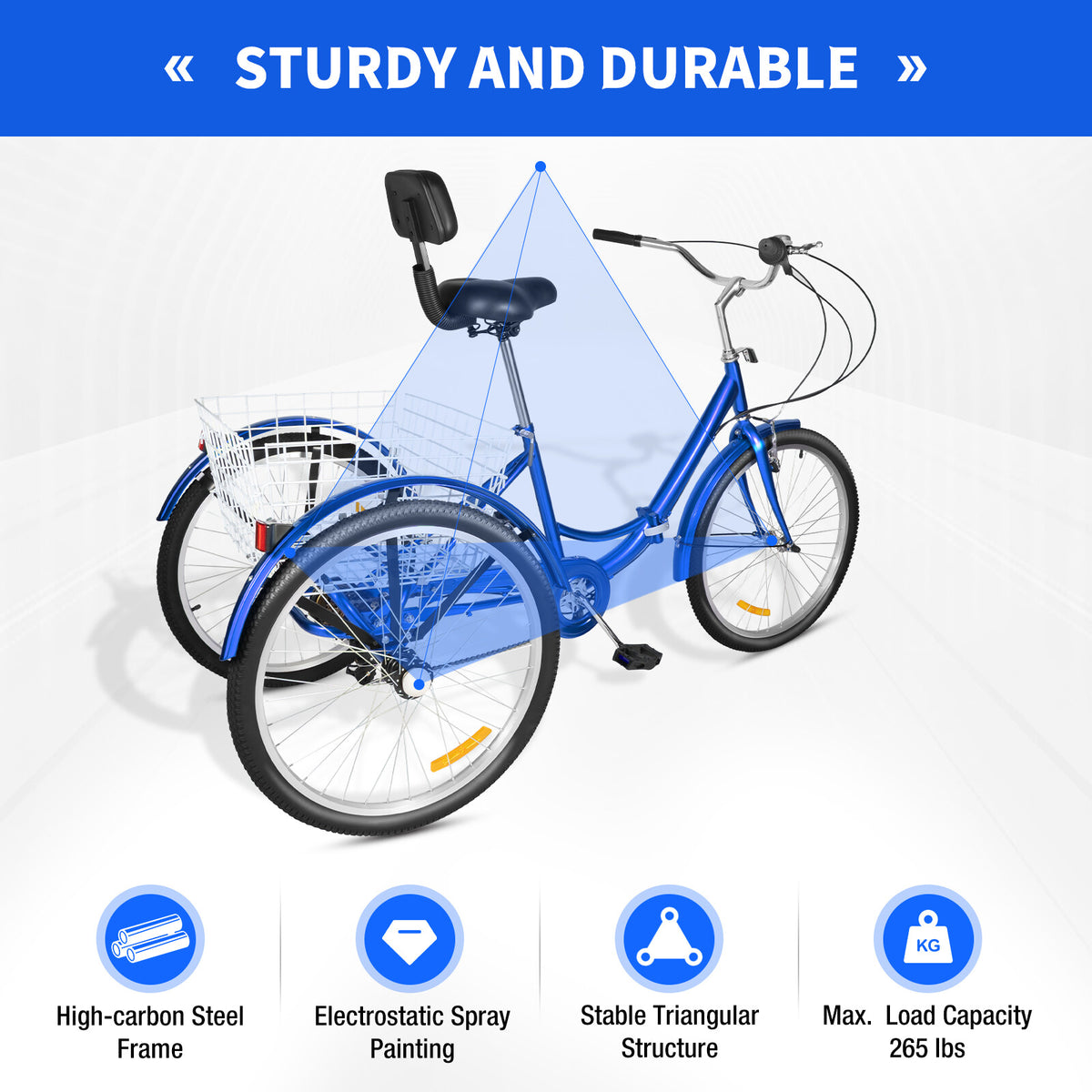 24 Inch Adult Trike Tricycle Foldable 3 Wheel Bike 7-Speed With Storage Basket