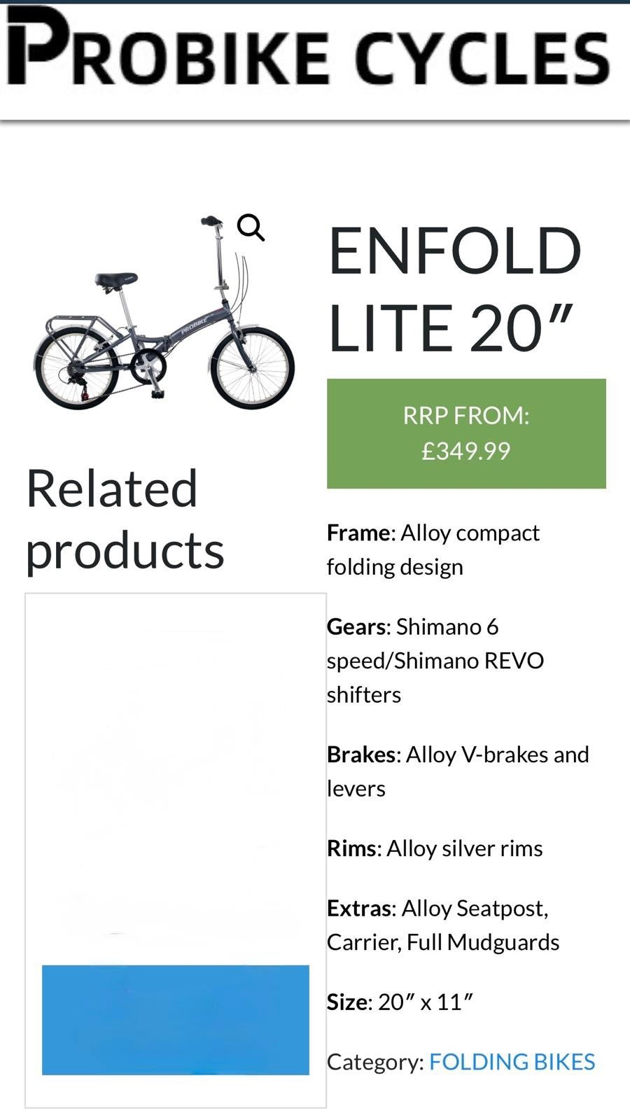 Probike Enfold Lite 20in Folding Bikes 6 Speed V-Brake Rear Rack Mudguards