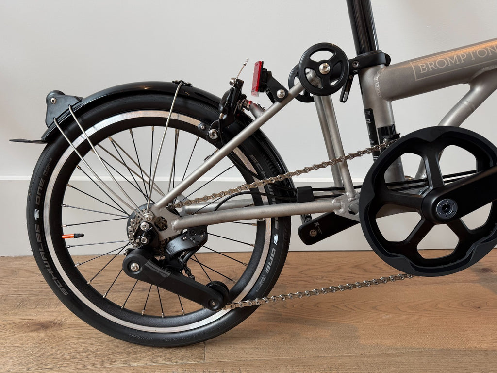 Brompton T Line Folding Bike 4-Speed 16in Wheels Titanium Blasted Titanium