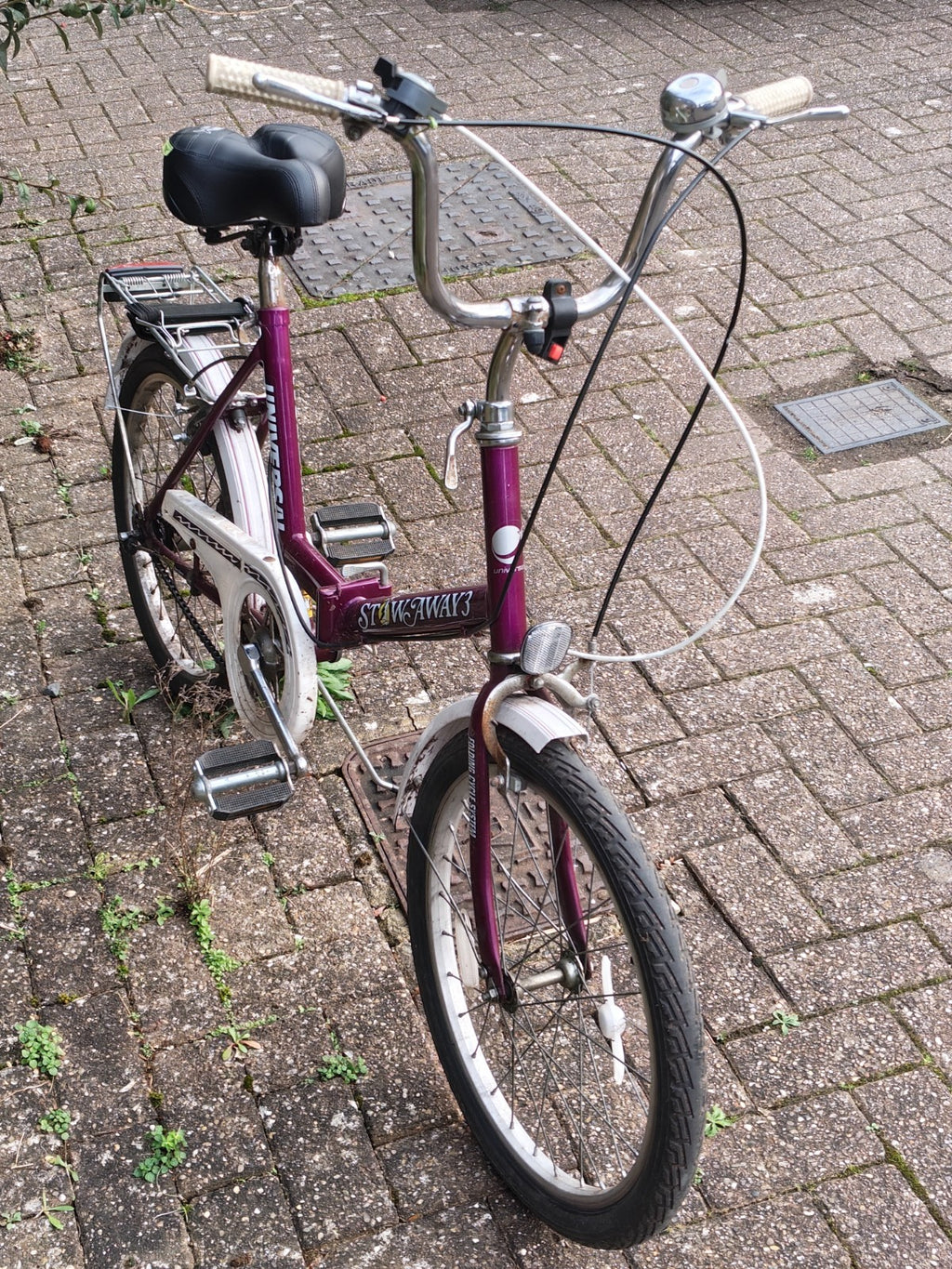 Raleigh Stowaway 3 1980s folding bike, in Purple, 3-Speed Sturmey Archer gears