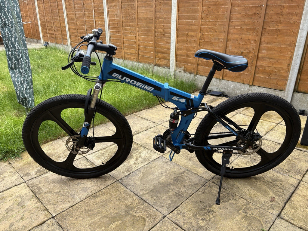 Eurobike G4 Folding Mountain Bike 26in 17in Full Suspension 21sp Disc Blue/Black