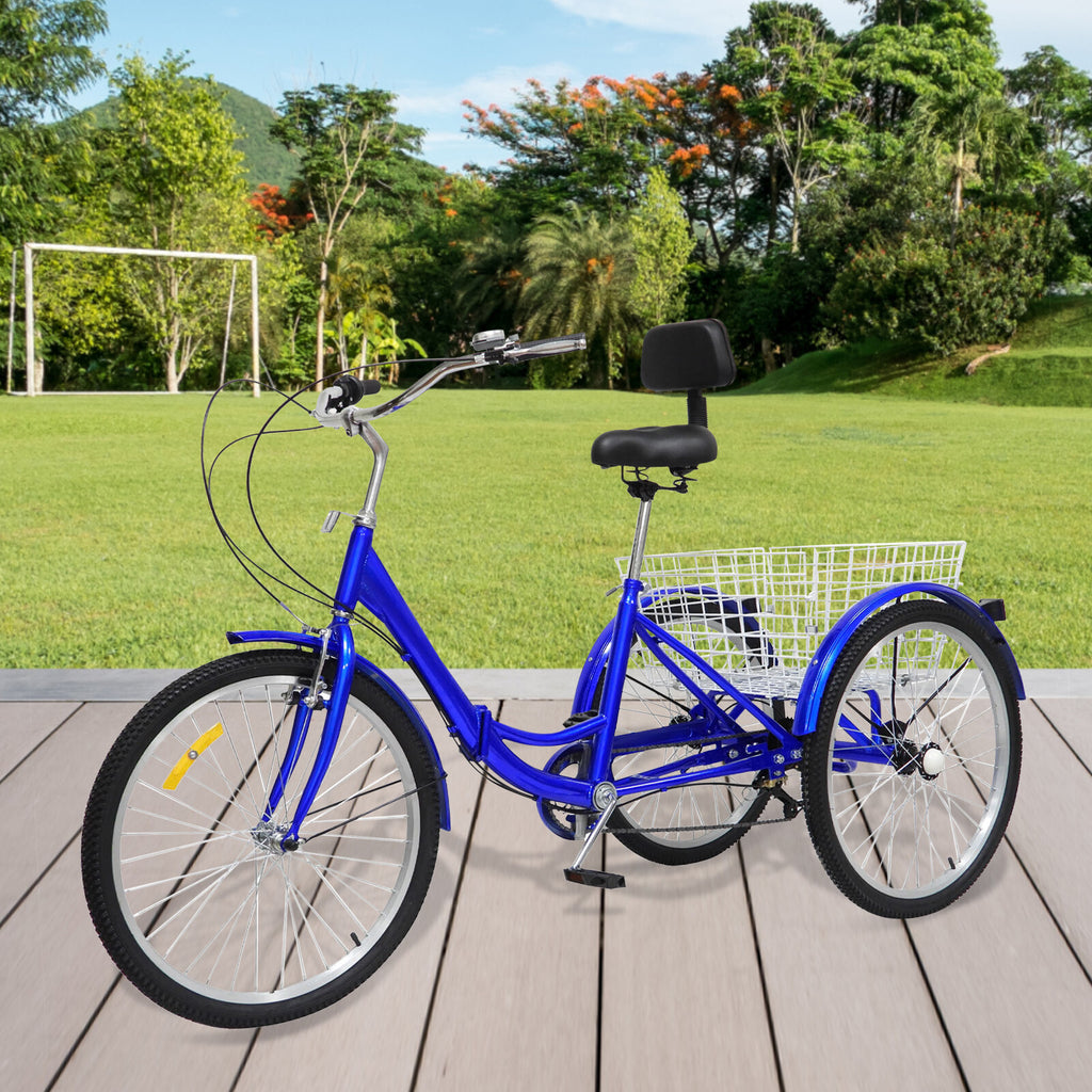 With Basket Blue UK 24 Inch Adult Trike Tricycle Foldable 3 Wheel Bike 7-Speed