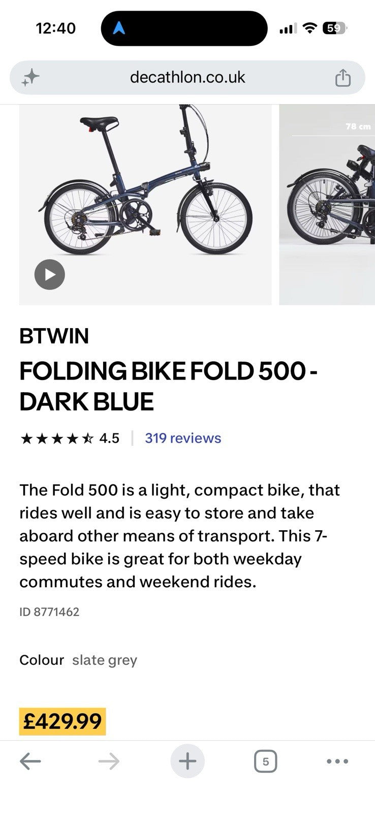B'TWIN 500 20in Aluminium Folding Bike 7-Speed Dark Blue - Excellent Condition