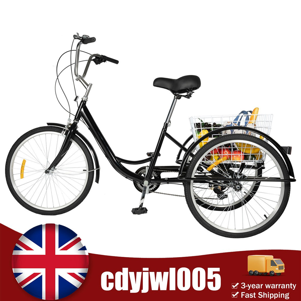 24 Inch Adult Tricycle Trike Bike 8-Speeds 3-Wheel Bicycle & Folding Back Basket