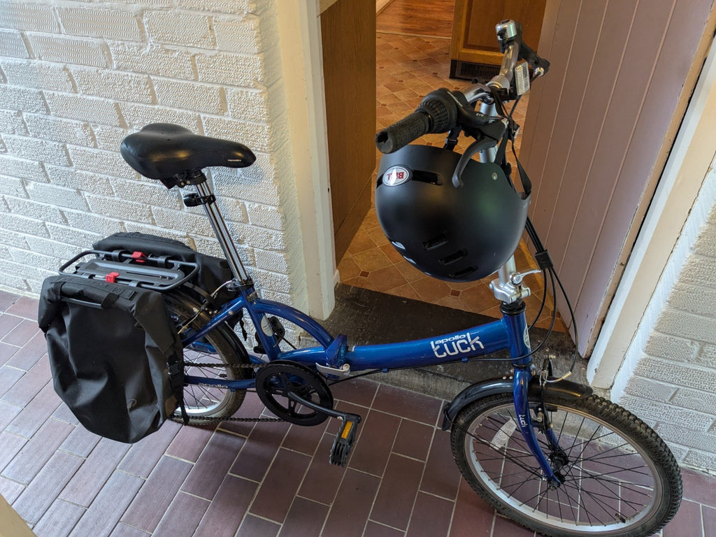 Apollo Tuck Folding Bike 20" Wheels, 6 speed, Blue, kickstand, LED lights, rack