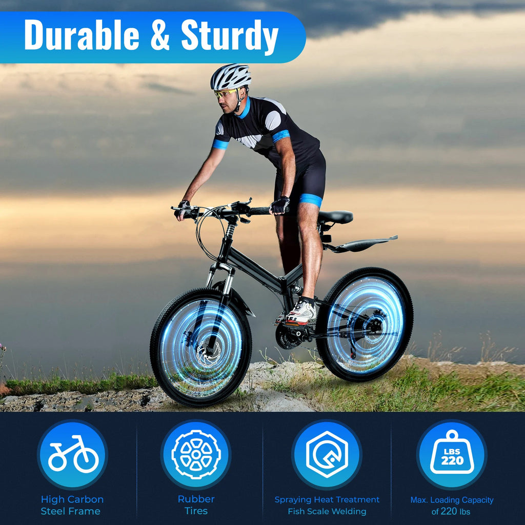 26 Inch Folding Mountain Bike 21 Speed Double Disc Brake Carbon Steel Frame Fold