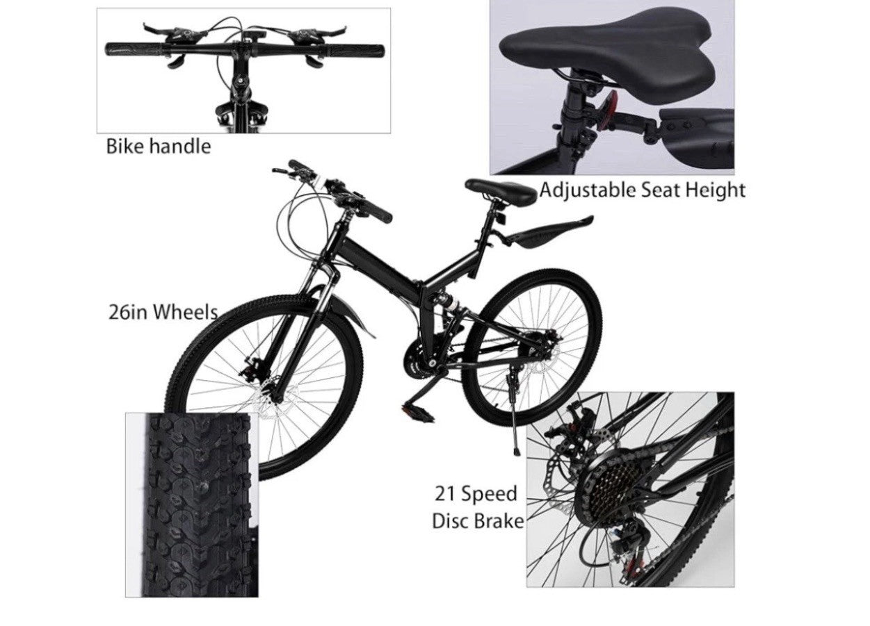 26in Folding Mountain Bike Black 21-Speed Derailleur Disc Brakes Full Suspension