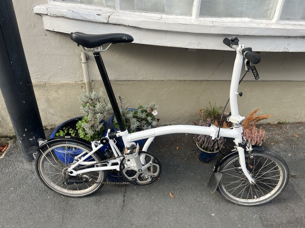 Brompton S1L Folding Bike In White With Black Upgrades