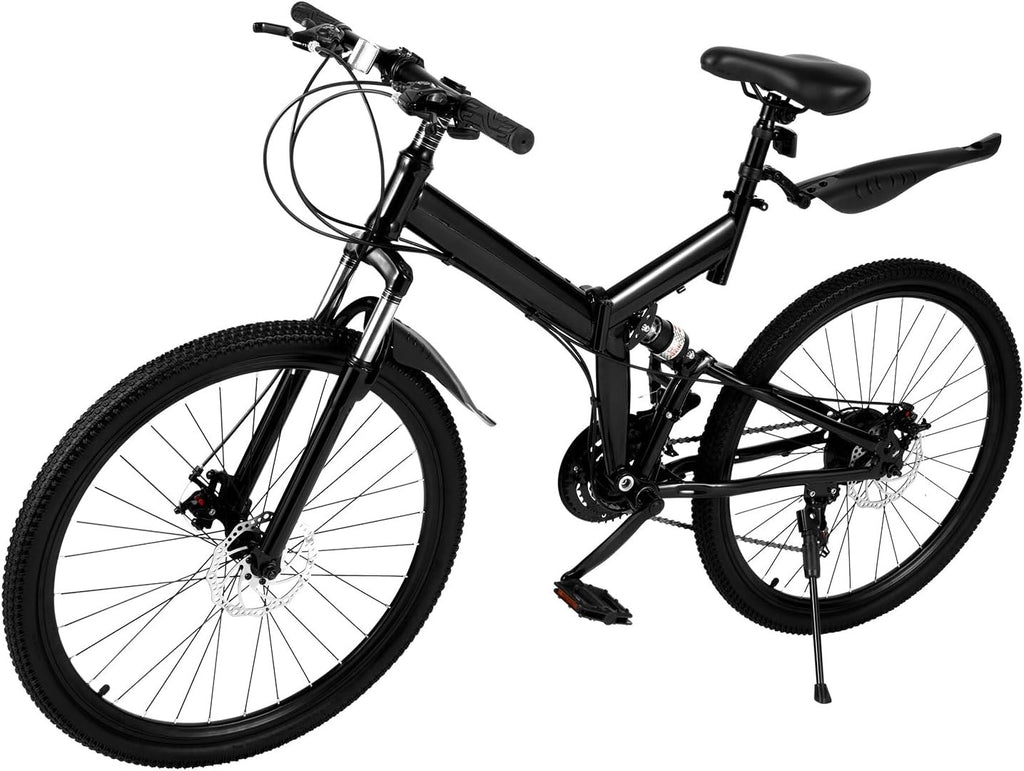21-Speed Folding Mountain Bike 26 Carbon Steel Frame Dual Disc Brakes Suspension