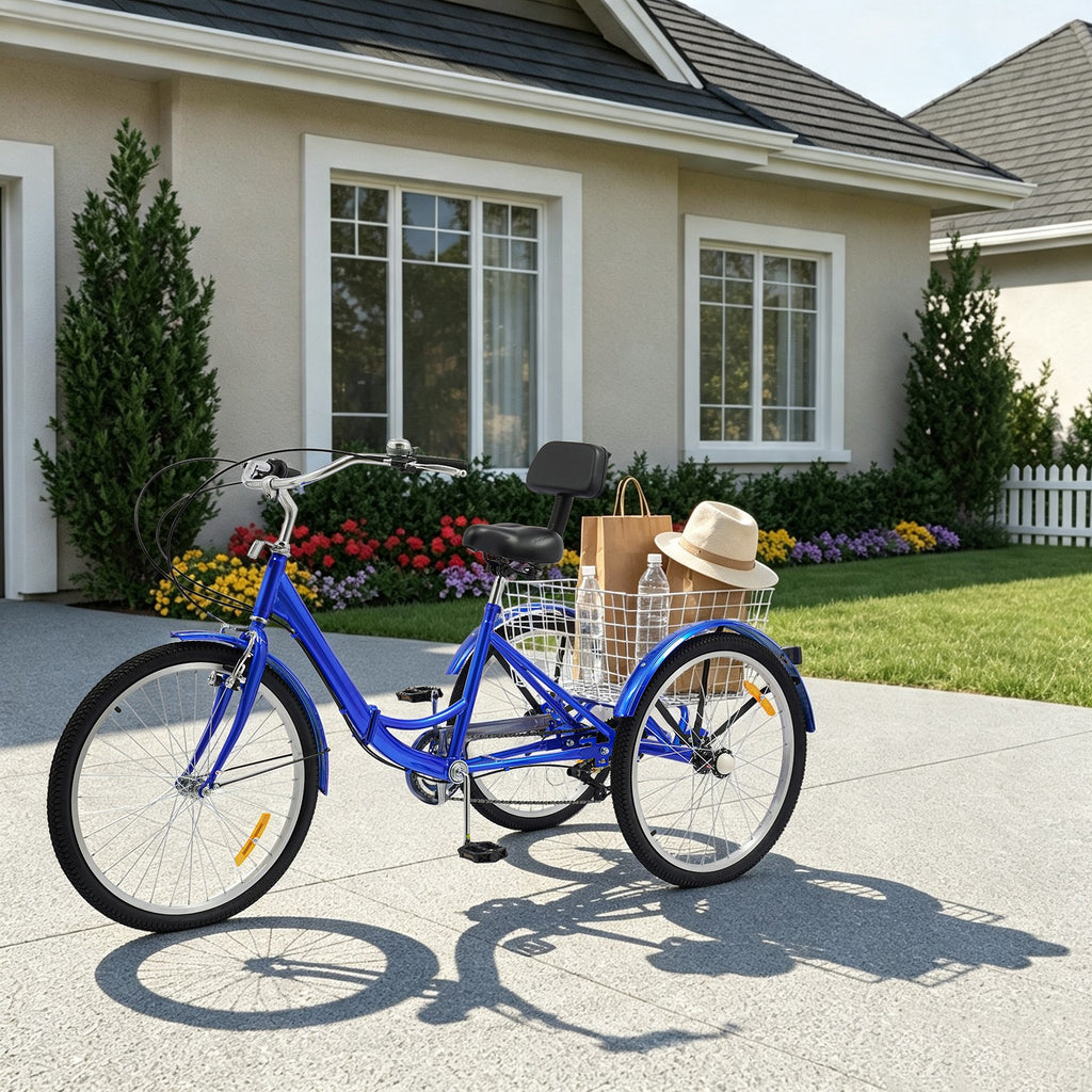 24'' Tricycle Adult Senior 7 Speed 3 Wheels Bike Foldable Trike Bicycle + Basket