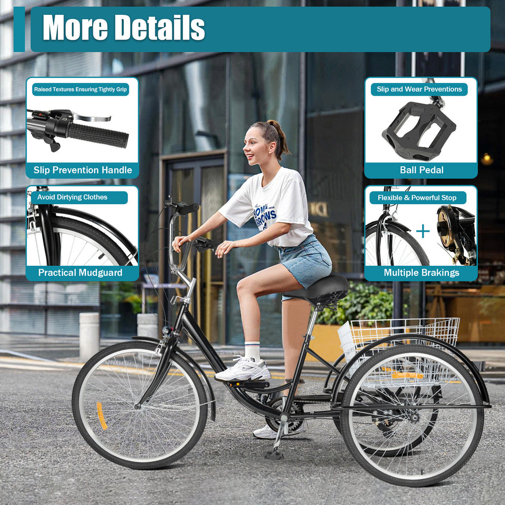 24 Inch Adult Tricycle Bike 8 Speed Trike 3-Wheel Bicycle w/Folding Back &Basket