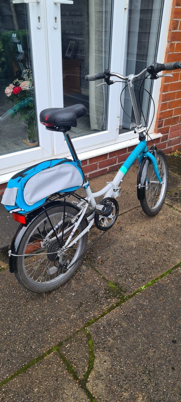 Compass 20in Folding Bike Blue/Silver 6-Speed Rear Rack Mudguards Kickstand