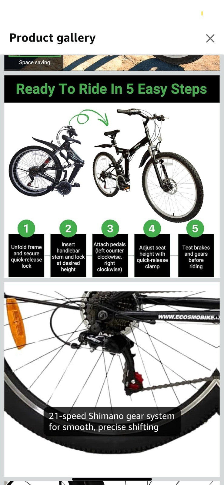 Mountain Bike Ecosmo 26" Wheel Folding MTB Shimano Gear 21SP, 18.5" -26SF02BL