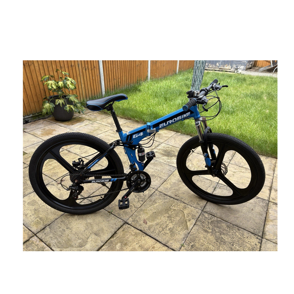 Eurobike G4 Folding Mountain Bike 26in 17in Full Suspension 21sp Disc Blue/Black