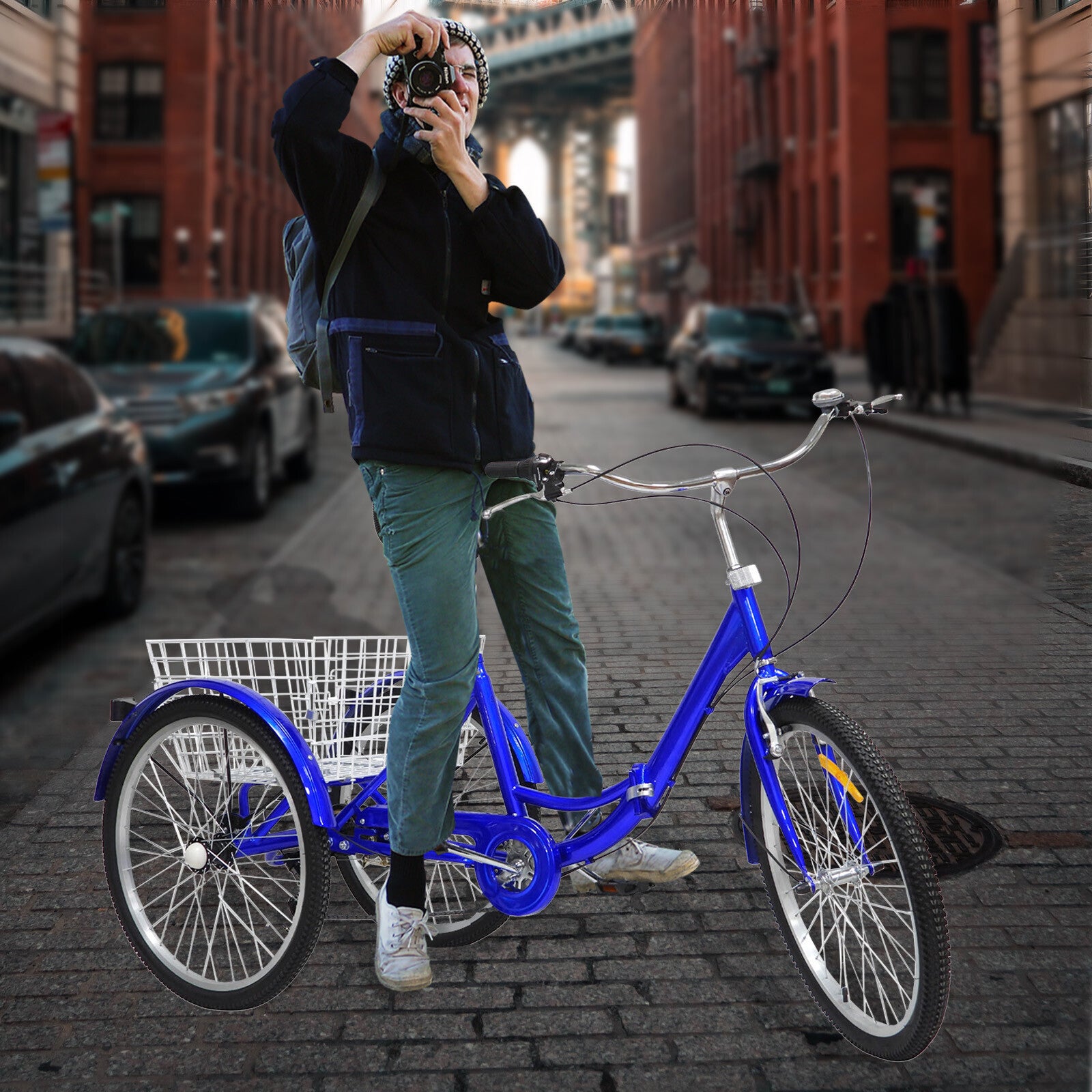 With Basket Blue UK 24 Inch Adult Trike Tricycle Foldable 3 Wheel Bike 7-Speed