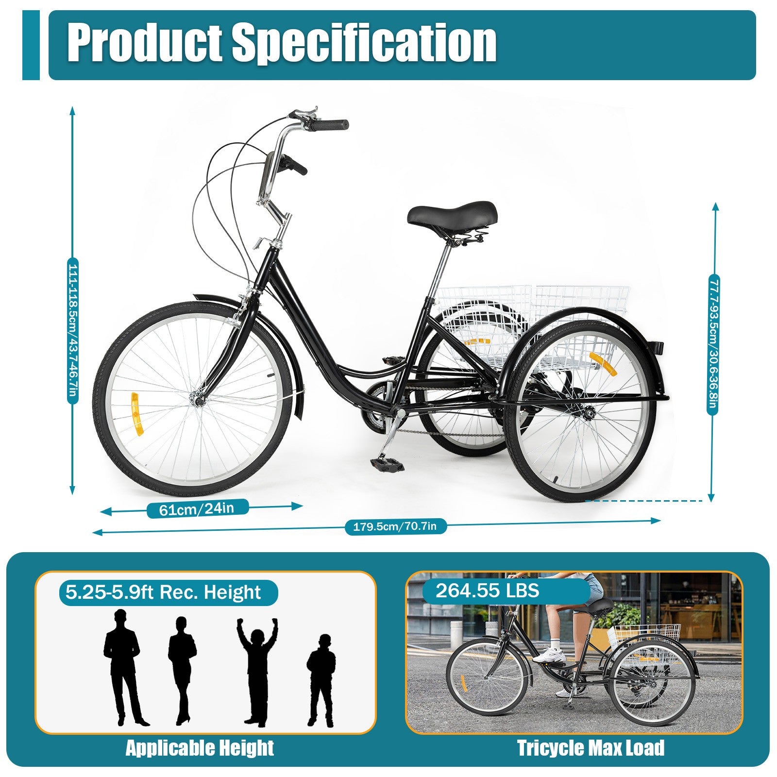 24 Inch Adult Tricycle Bike 8 Speed Trike 3-Wheel Bicycle w/Folding Back &Basket