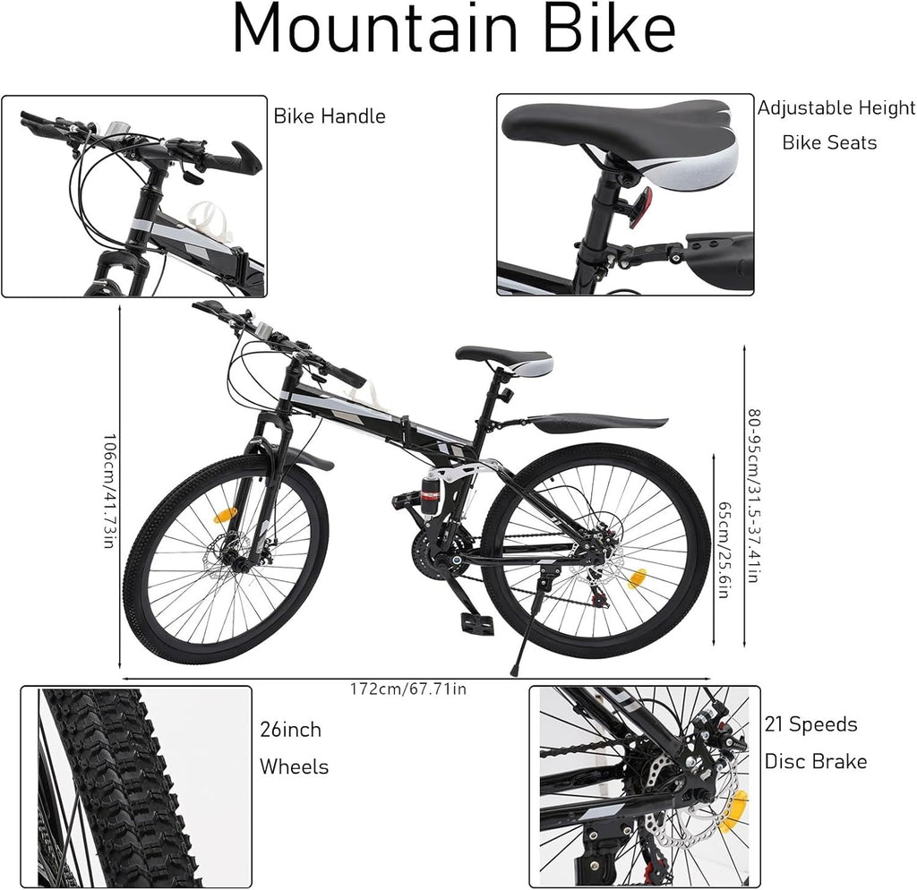 26" Folding Mountain Bike 21-Speed Disc Brake Carbon Steel Frame MTB