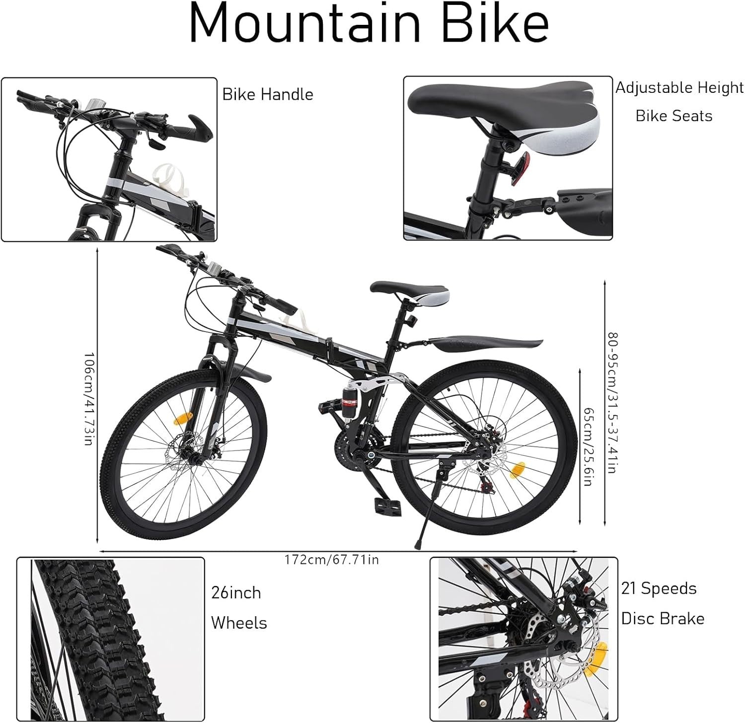 26" Folding Mountain Bike 21-Speed Disc Brake Carbon Steel Frame MTB