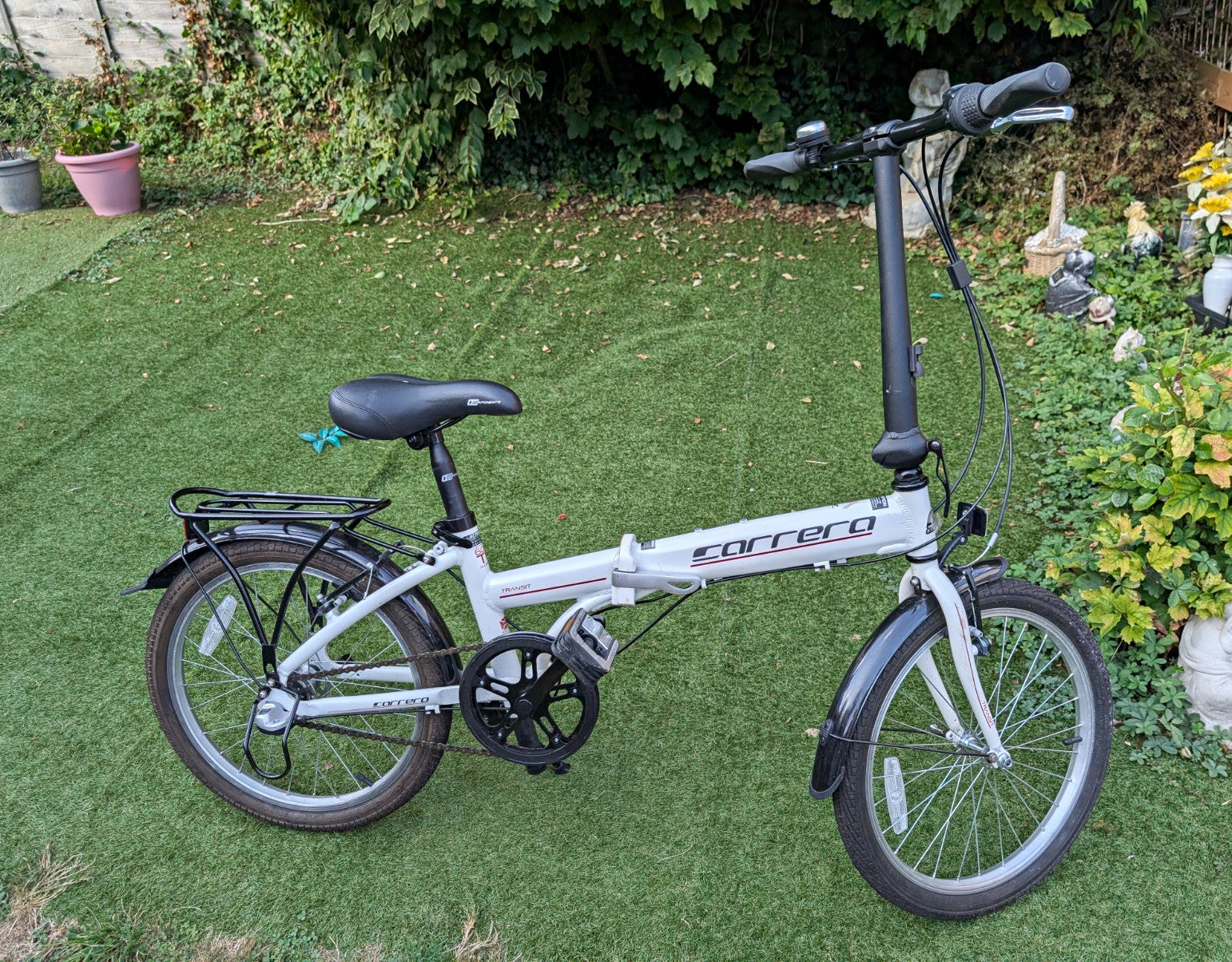 Carrera Transit 20in Folding Bike White/Black Rear Rack Mudguards Kickstand