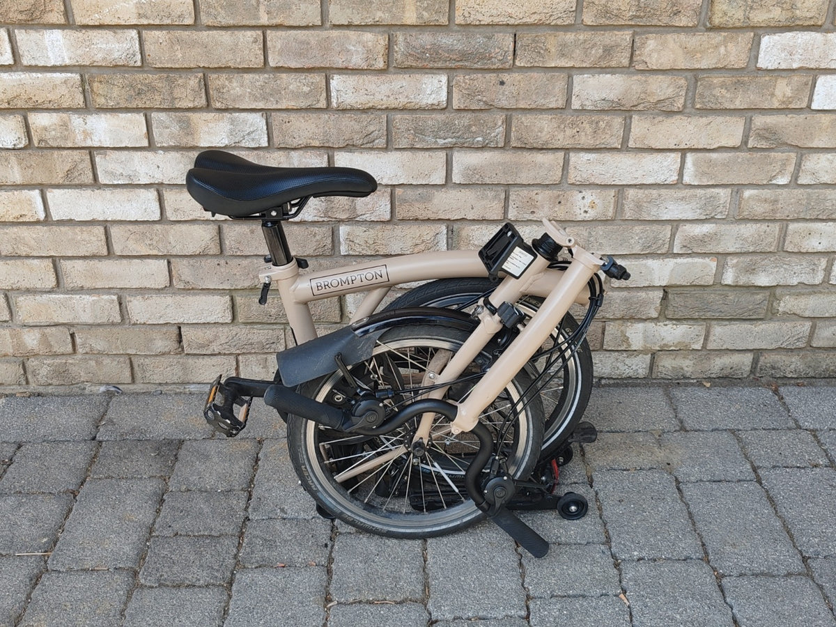 Brompton M6R 6 Speed Folding Bike – Dune Sand – Rear Rack – BikeRegister