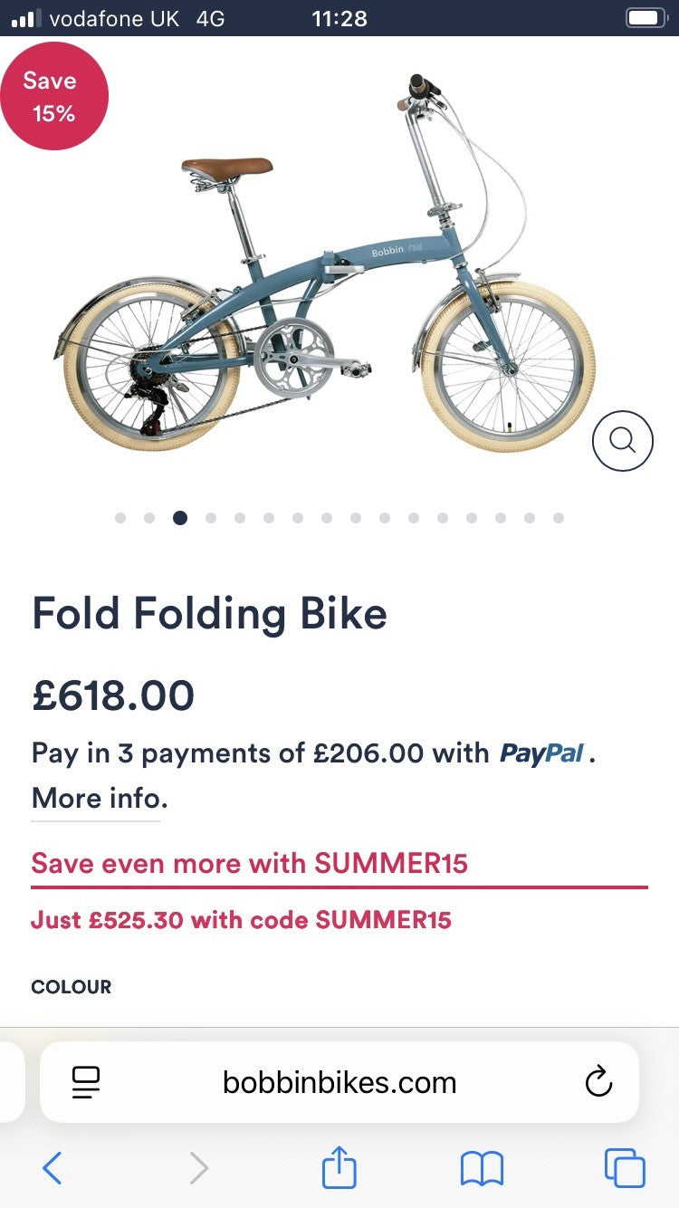 Bobbin Fold 20in Folding Bike Blue/Brown/Silver, Mudguards, Kickstand, 6 Speed