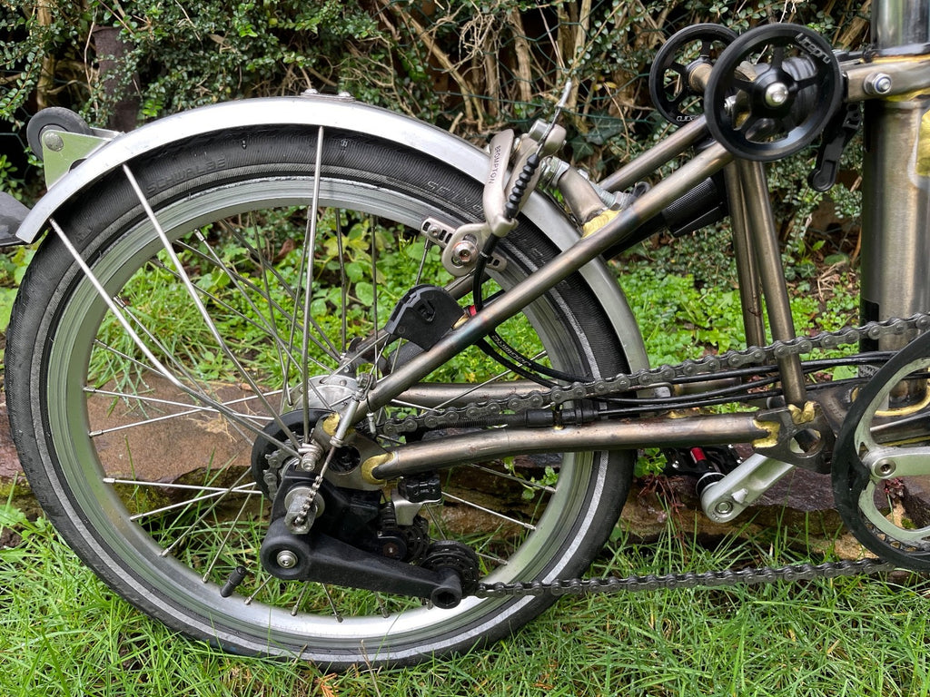 Brompton M6L 6 speed dynamo lights raw lacquer Brooks saddle, bag