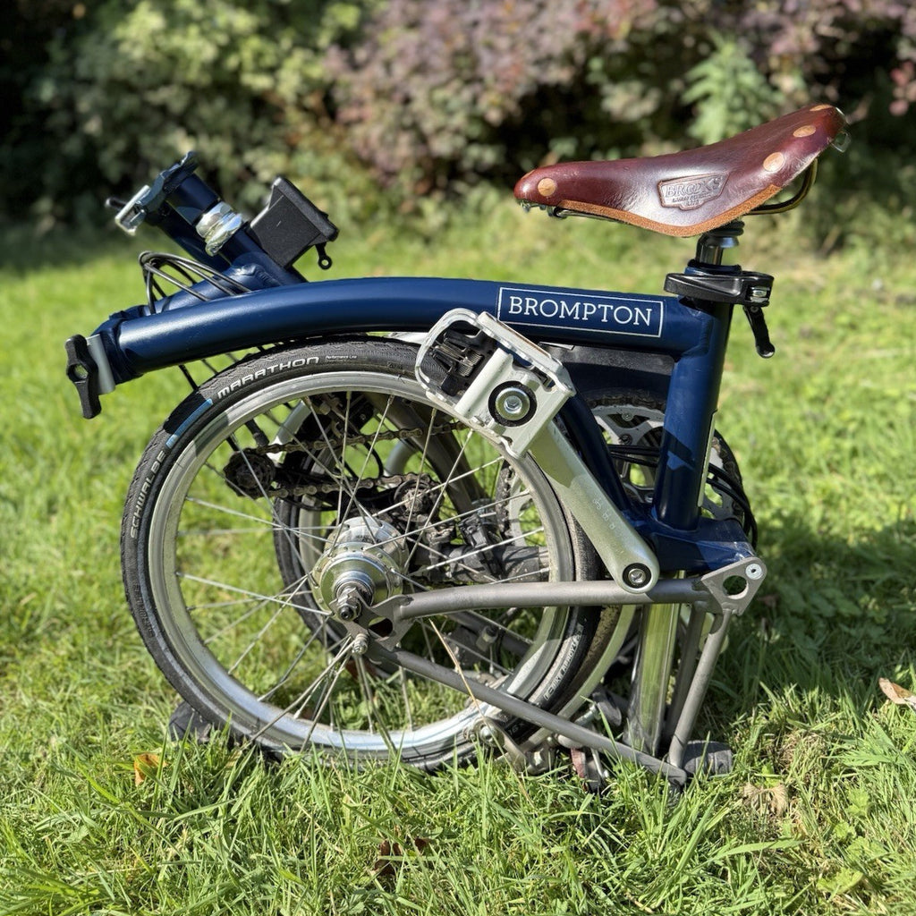 2017 Brompton Superlight folding bike H6L, Titanium, Navy Blue, Brooks Leather