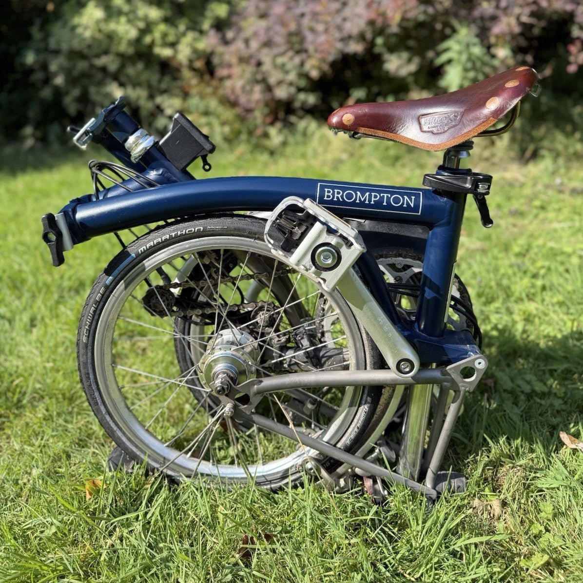 2017 Brompton Superlight folding bike H6L, Titanium, Navy Blue, Brooks Leather