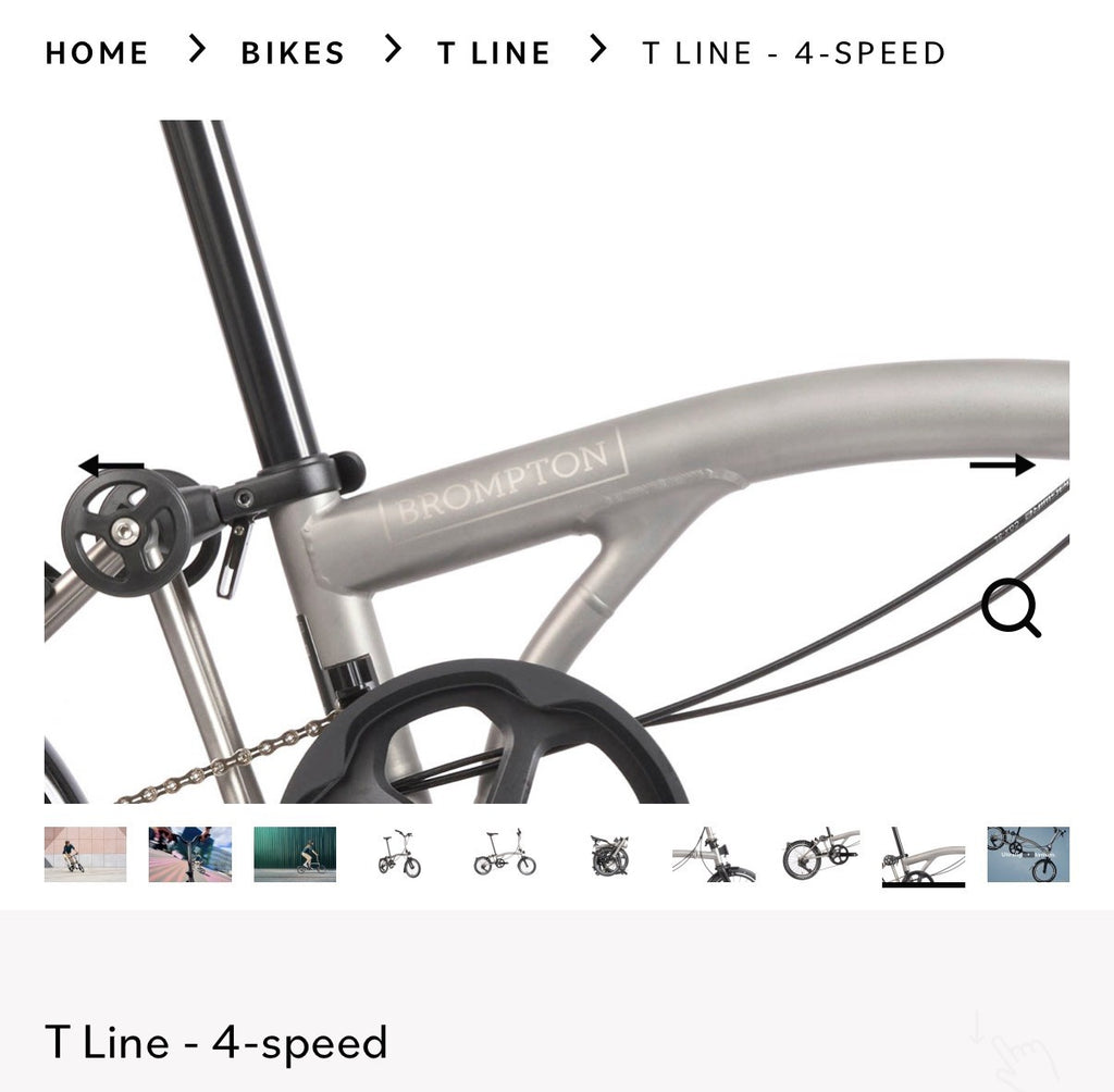 Brompton T Line Folding Bike 4-Speed 16in Wheels Titanium Blasted Titanium
