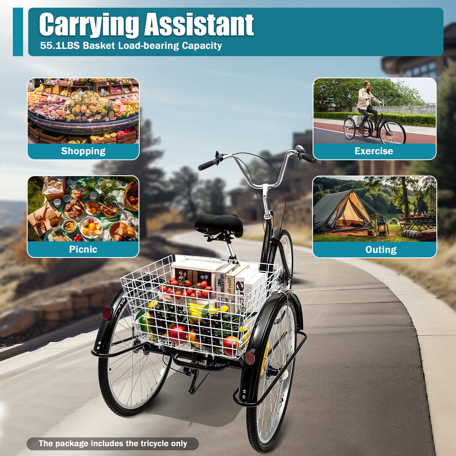 24 Inch Adult Tricycle Bike 8 Speed Trike 3-Wheel Bicycle w/Folding Back &Basket